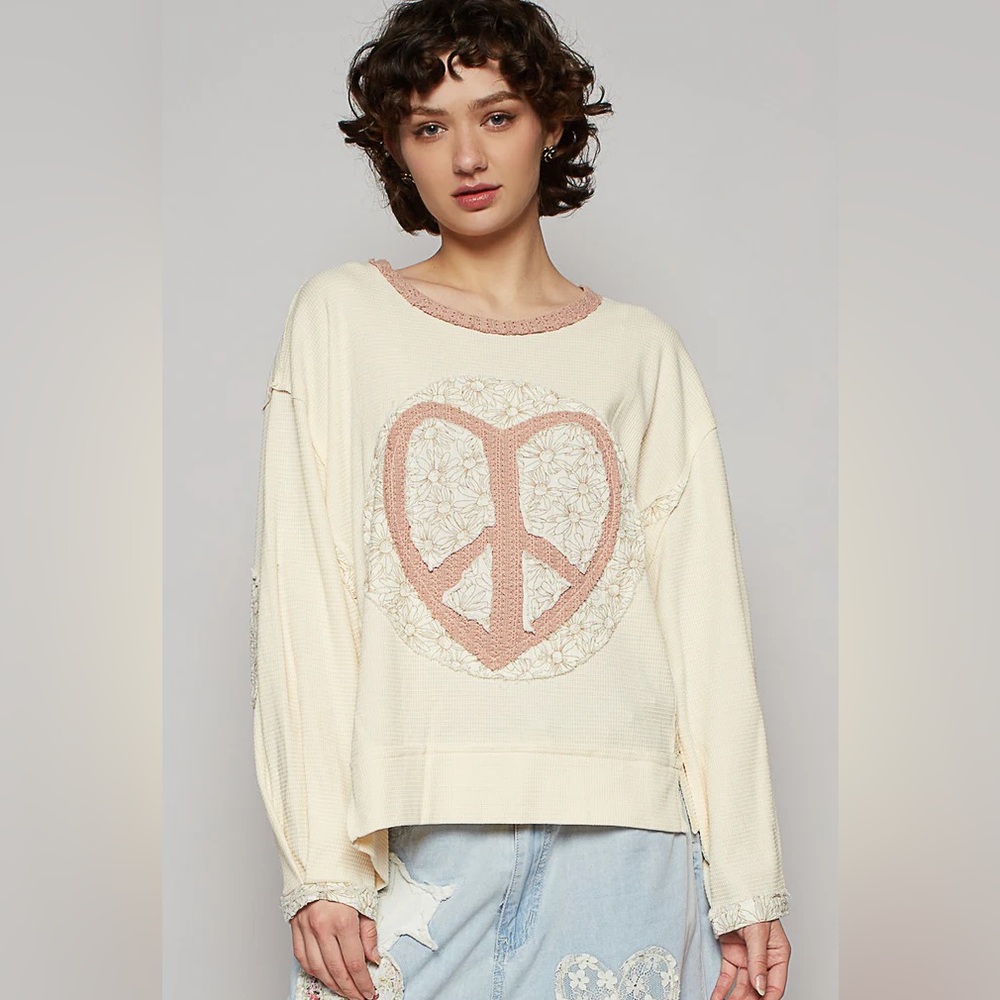 POL Cream and Pink Peace Sign Hoodie